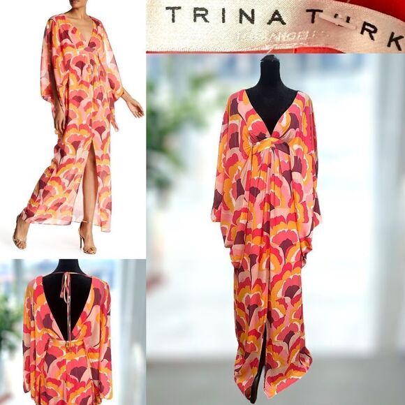 TRINA TURK Silk Kaftan Blossom Maxi Dress Size 0 / XS - Picture 1 of 16